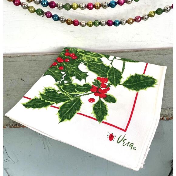 Vintage Vera Neumann Linen Napkin Christmas Holly Rolled Hem Ladybug Logo Set 5 - Picture 1 of 3